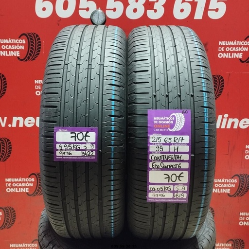 [Ref.9996] 2x 215 65 R17 99H CONTINENTAL ECOCONTACT6 AO 5.8/5.8mm REF:9996