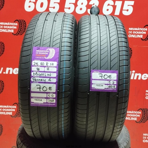 [Ref.10234] 2x 215 60 R17 96H MICHELIN PRIMACY4 S1 5.0/5.2mm REF:10234