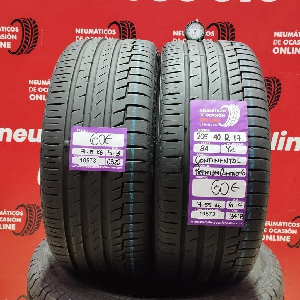 2x 205 40 R17 84YXL CONTINENTAL PREMIUM CONTACT6 6.4/5.3mm REF:10573