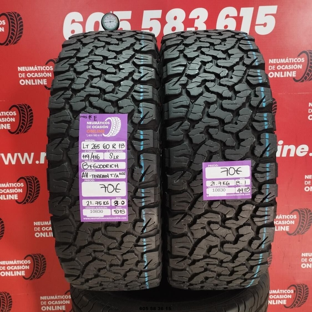 2x 265 60 R18 119/116SLR BFGOODRICH ALL-TERRAIN T/A M+S* E 8.0/8.1mm REF:10830