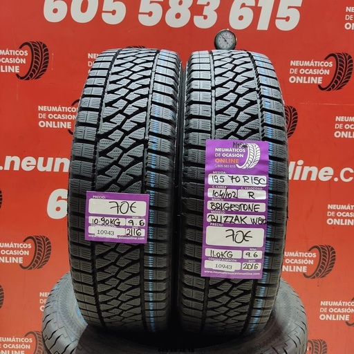 [Ref: 10943] 2x 195 70 R15C 104/102R BRIDGESTONE BLIZZAK W810 M+S* 9.6/9.6mm REF:10943