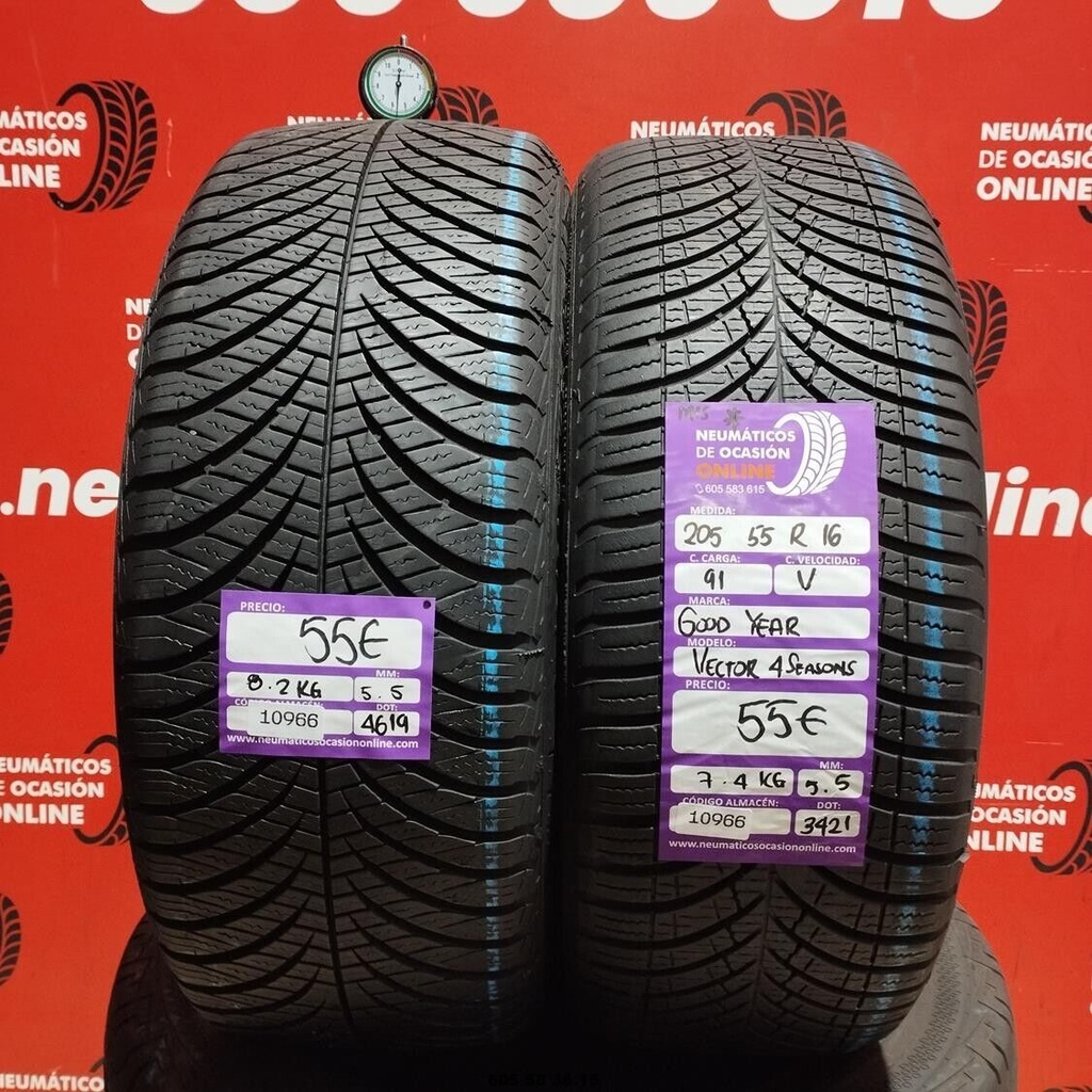 2x 205 55 R16 91V GOODYEAR VECTOR4SEASONS M+S* 5.5/5.5mm REF:10966