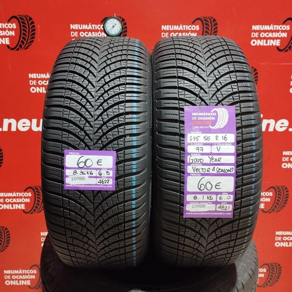 2x 215 55 R16 97V GOODYEAR VECTOR 4SEASONS M+S* 6.8/6.0mm REF:10988