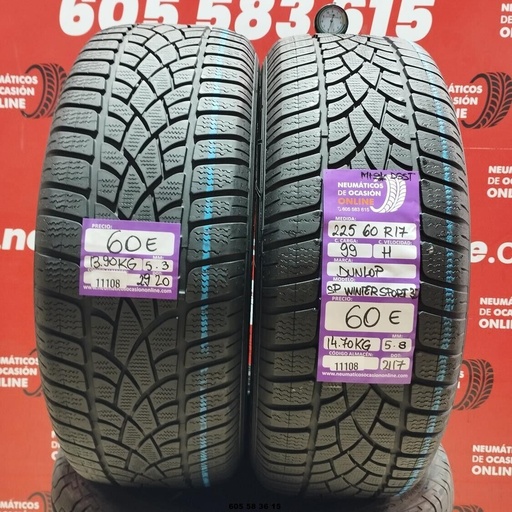 [Ref:11108] 2x 225 60 R17 99H DUNLOP SP WINTER SPORT 3D M+S* 5.3/5.8mm REF:11108