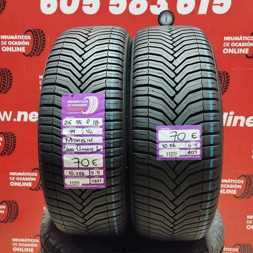 [Ref: 11277] 2x 215 55 R18 99V XL MICHELIN CROSS CLIMATE SUV M+S* 5.5/5.5mm REF:11277