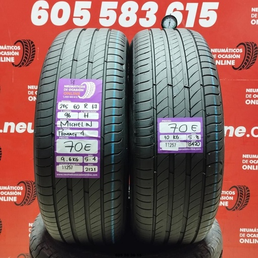 [Ref: 11257] 2x 215 60 R17 96H MICHELIN PRIMACY4 S1 5.4/5.8mm REF:11257