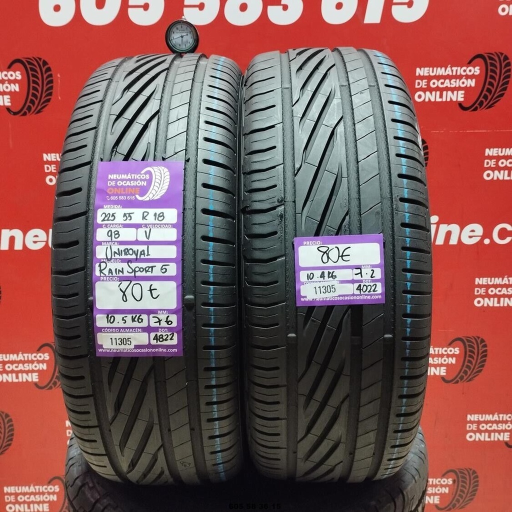 2x 225 55 R18 98V UNIROYAL RAIN SPORT5 7.6/7.2mm REF:11305