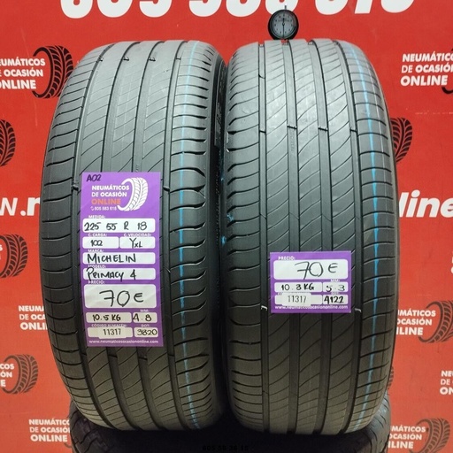 [Ref: 11317] 2x 225 55 R18 102Y XL MICHELIN PRIMACY4 AO2 4.8/5.3mm  REF:11317