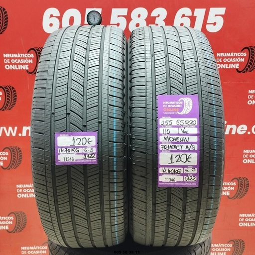 [Ref: 11346] 2x 255 55 R20 110VXL MICHELIN PRIMACY A/S 5.0/5.3mm REF:11346