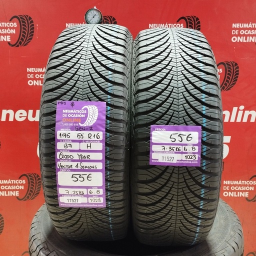 [Ref: 11527] 2x 195 55 R16 87H GOODYEAR VECTOR 4SEASONS M+S* GEN-2 6.8/6.8mm REF:11527