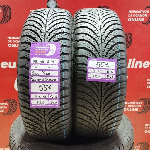 [Ref: 11526] 2x 195 65 R15 91H GOODYEAR VECTOR 4 SEASONS 8.3/6.0mm REF:11526