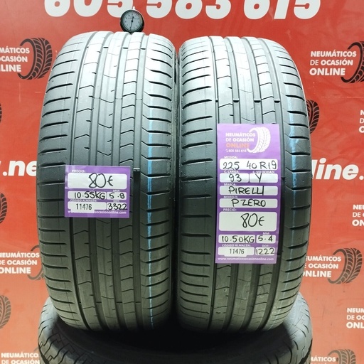 [Ref: 11476] 2x 225 40 R19 93Y PIRELLI PZERO 5.8/5.4mm REF:11476