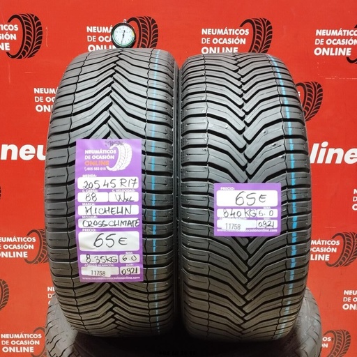 [Ref:11758] 2x 205 45 R17 88WXL MICHELIN CROSS CLIMATE M+S* 6.0/6.0mm Ref.11758