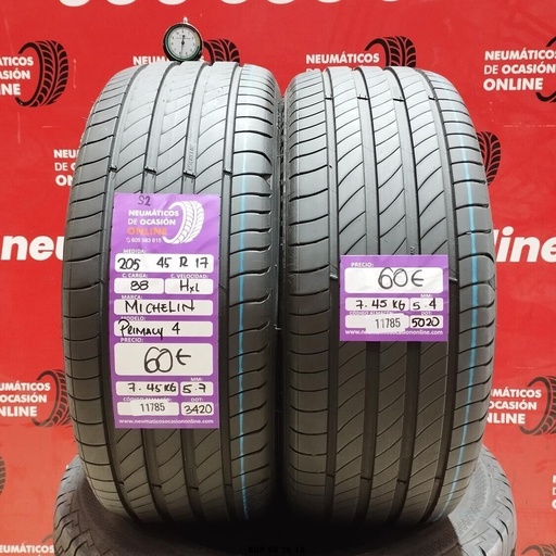 [Ref: 11785] 2x 205 45 R17 88HXL MICHELIN PRIMACY4 S2 5.7/5.4mm REF:11785