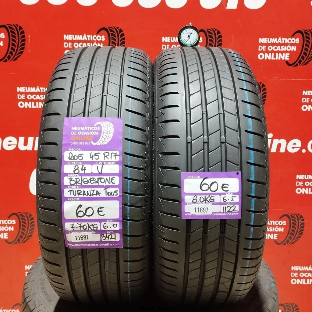 2x 205 45 R17 84V BRIDGESTONE TURANZA T005 6.0/6.5mm REF:11697