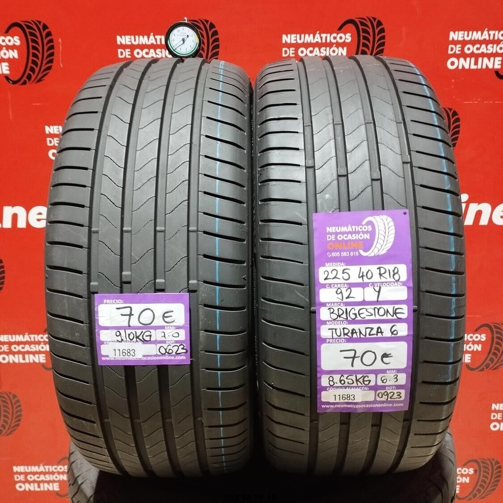 2x 225 40 R18 92Y BRIDGESTONE TURANZA 6 6.3/7.0mm REF:11683