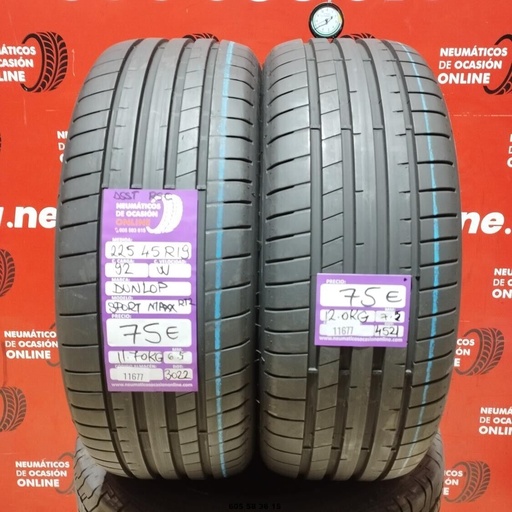 [Ref: 11677] 2x 225 45 R19 92W DUNLOP SPORT MAXX RT2 RSC 6.5/7.5mm REF:11677