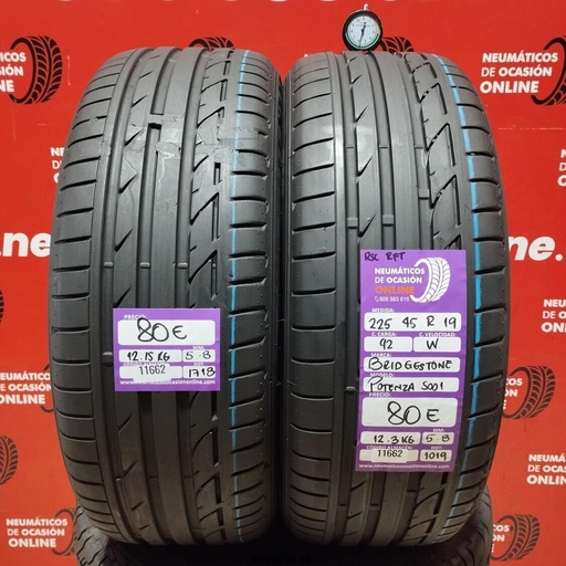 [Ref: 11662] 2x 225 45 R19 92W BRIDGESTONE POTENZA S001 RSC RFT 5.8/5.8mm REF:11662