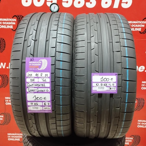 [Ref: 11722] 2x 255  45 R19 104YXL CONTINENTAL SPORT CONTACT6 AO 6.2/5.8mm REF:11722