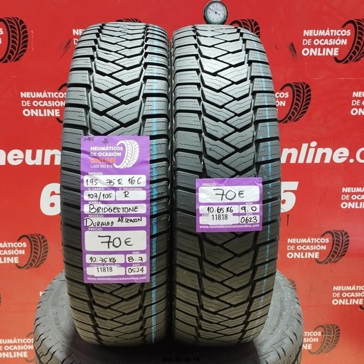 [Ref: 11818] 2x 195 75 R16C 107/105R BRIDGESTONE DURAVIS ALLSEASON M+S* 8.7/9.0mm REF:11818