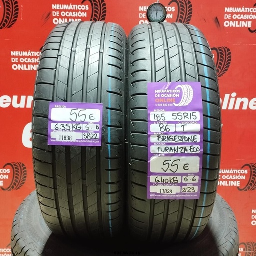 [Ref: 11838] 2x 185 55 R15 86T BRIDGESTONE TURANZA ECO 5.0/5.6mm REF:11838