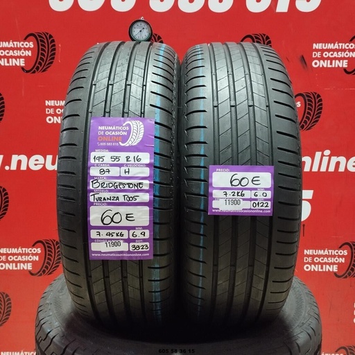 [Ref: 11900] 2x 195 55 R16 87H BRIDGESTONE TURANZA T005 6.9/6.0mm REF:11900