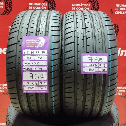 [Ref: 11865] 2x 215 35 Z R17 83YXL HANKOOK VENTUS S1 EVO 7.2/7.3mm REF:11865