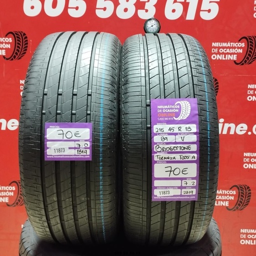 [Ref: 11873] 2x 215 45 R18 89V BRIDGESTONE TURANZA T005 A 7.0/7.2mm REF:11873