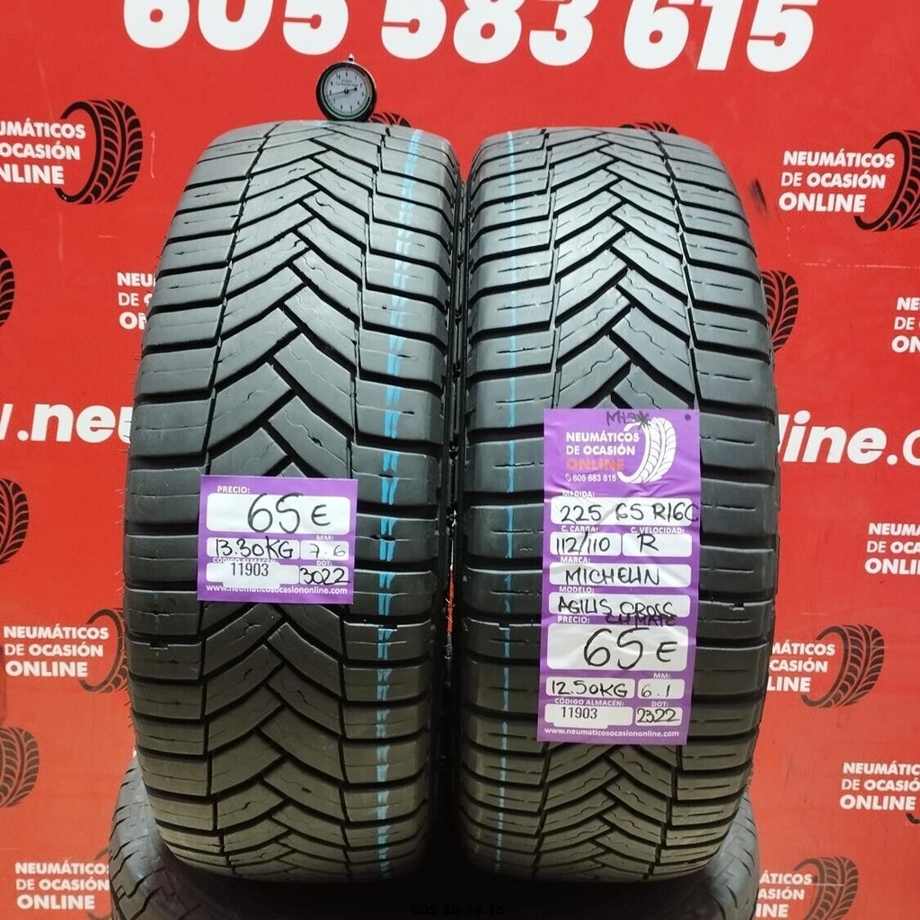 2x 225 65 R16C 112/110R MICHELIN AGILIS CROSS CLIMATE M+S* 7.6/6.1mm REF:11903