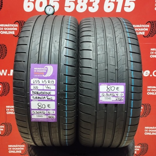 [Ref: 12045] 2x 255 45 R19 100VXLBRIDGESTONE TURANZA T005 6.1/5.0mm REF:12045