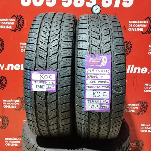 [Ref: 12407] 2x 215 60 R17C 104/102H CONTINENTAL VAN CONTACT WINTER 7.1/7.2mm REF:12407