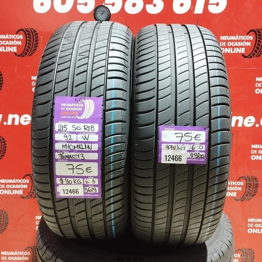 [Ref: 12466] 2x 215 50 R18 92W MICHELIN PRIMACY3 AO1 6.8/6.0mm REF:12466