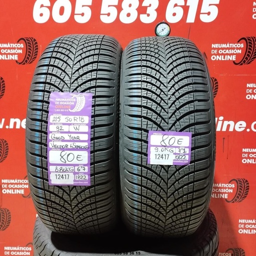 [Ref: 12417] 2x 215 50 R18 92W GOODYEAR VECTOR 4SEASONS M+S* 6.7/7.1mm REF:12417