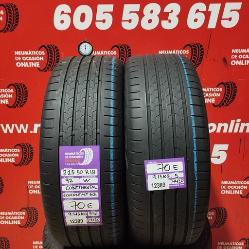 [Ref: 12389] 2x 215 50 R18 92W CONTINENTAL ECOCONTACT 6Q 5,0/5,4mm REF:12389