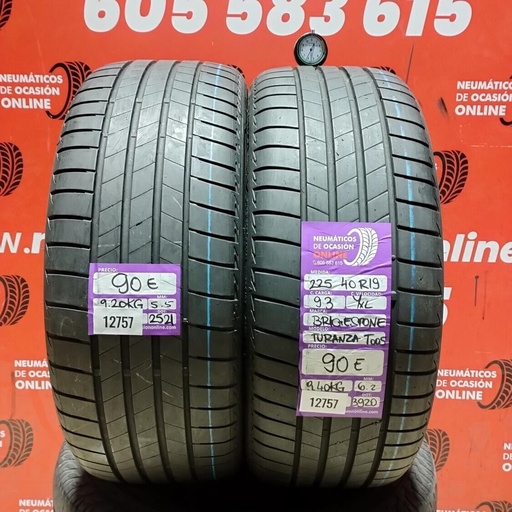 [Ref: 12757] 2x 225 40 R19 93YXL BRIDGESTONE TURANZA T005 5.5/6.2mm REF:12757