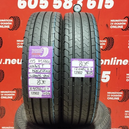 [Ref: 12902] 2x 195 75 R16C 107/105T BRIDGESTONE DURAVIS VAN 8.1/8.6mm REF:12902