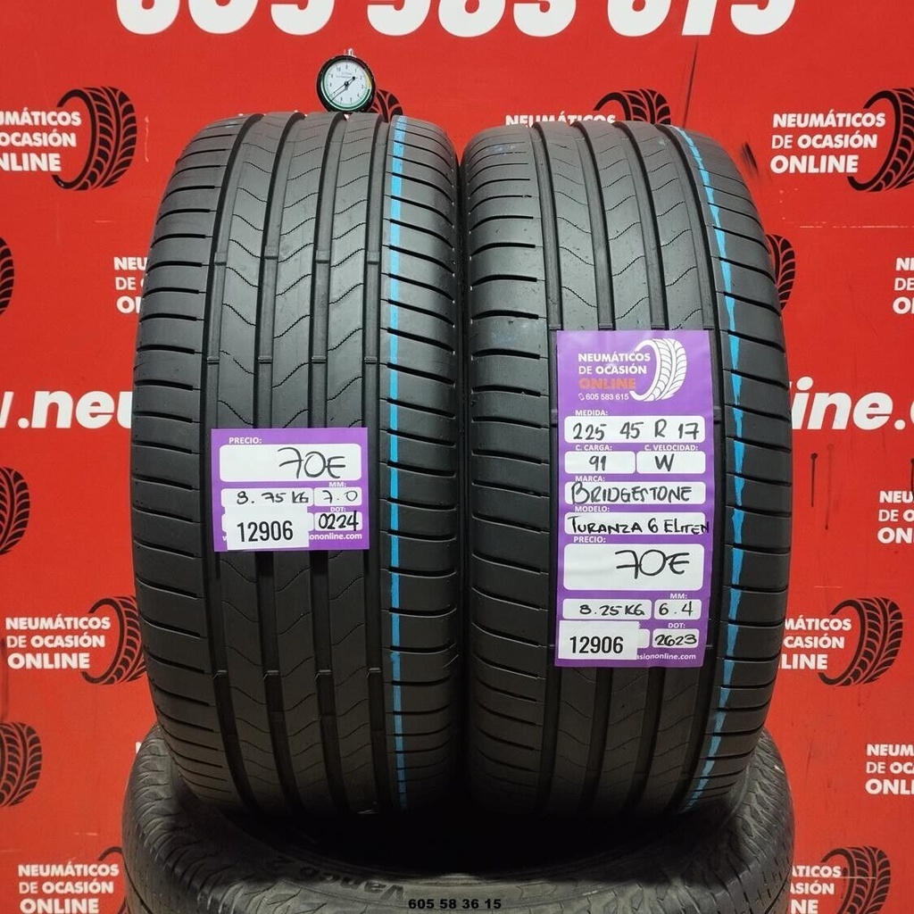 2x 225 45 R17 91W BRIDGESTONE TURANZA 6 ELITEN 7.0/6.4mm REF:12906