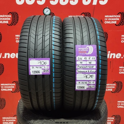 [Ref: 12906] 2x 225 45 R17 91W BRIDGESTONE TURANZA 6 ELITEN 7.0/6.4mm REF:12906