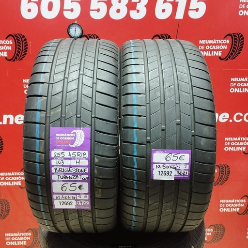 [Ref: 12692] 2x 255 45 R18 103H BRIDGESTONE TURANZA T005 5.8/5.2mm REF:12692