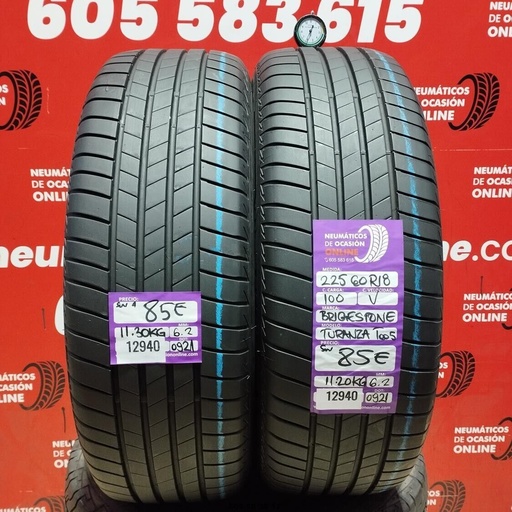 [Ref:12940] 2x 225 60 R18 100V BRIDGESTONE TURANZA T005 SUV 6.2/6.2mm REF:12940