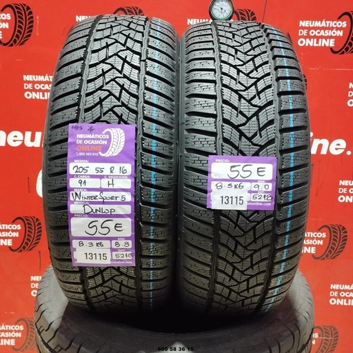 [Ref: 13115] 2x 205 55 R16 91H DUNLOP WINTER SPORT 5 M+S* 8.8/9.0mm REF:13115