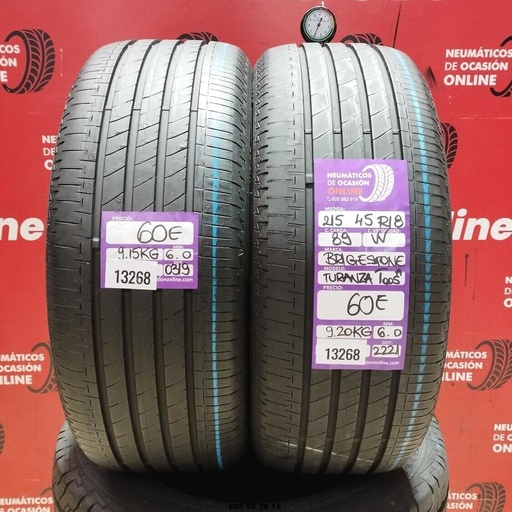 [Ref: 13268] 2x 215 45 R18 89W BRIDGESTONE TURANZA T005 6.0/6.0mm REF:13268