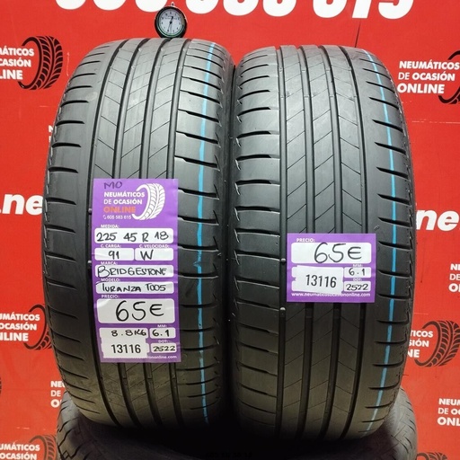 [Ref: 13116] 2x 225 45 R18 91W BRIDGESTONE TURANZA T005 MO 6.1/6.1mm REF:13116