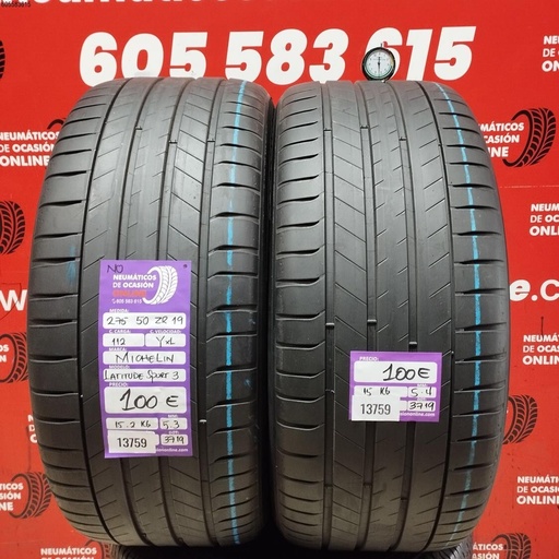 [Ref: 13759] 2X 275 50 ZR19 112Y XL MICHELIN LATITUDE SPORT 3 NO REF. 13759
