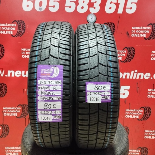 [Ref:13516] 2x 195 75 R16C 107/105R Kleber Transpro 4S M+S 6.8/7.1MM Ref. 13516