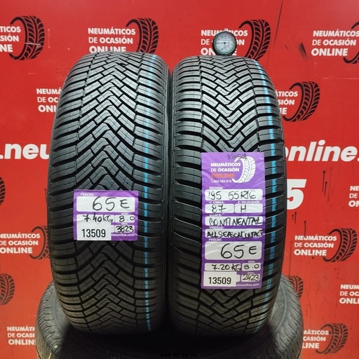 [Ref:13509] 2X 195 55 R16 87H CONTINENTAL ALL SEASON CONTACT M+S* 8.0/8.0MM REF. 13509