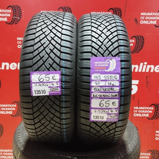 [Ref:13510] 2x 195 55 R16 91H XL Continental All Season Contact M+S 7.7/7.7 MM Ref. 13510
